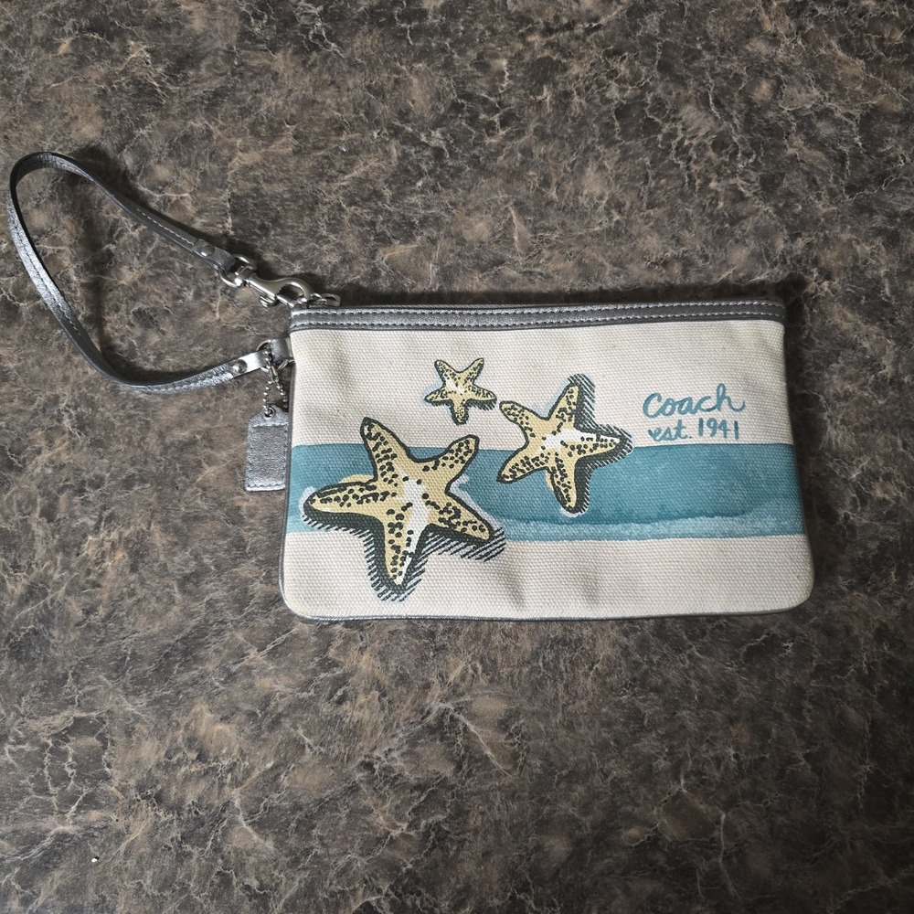 Coach Canvas Starfish Wristlet with Metallic Leather Trim